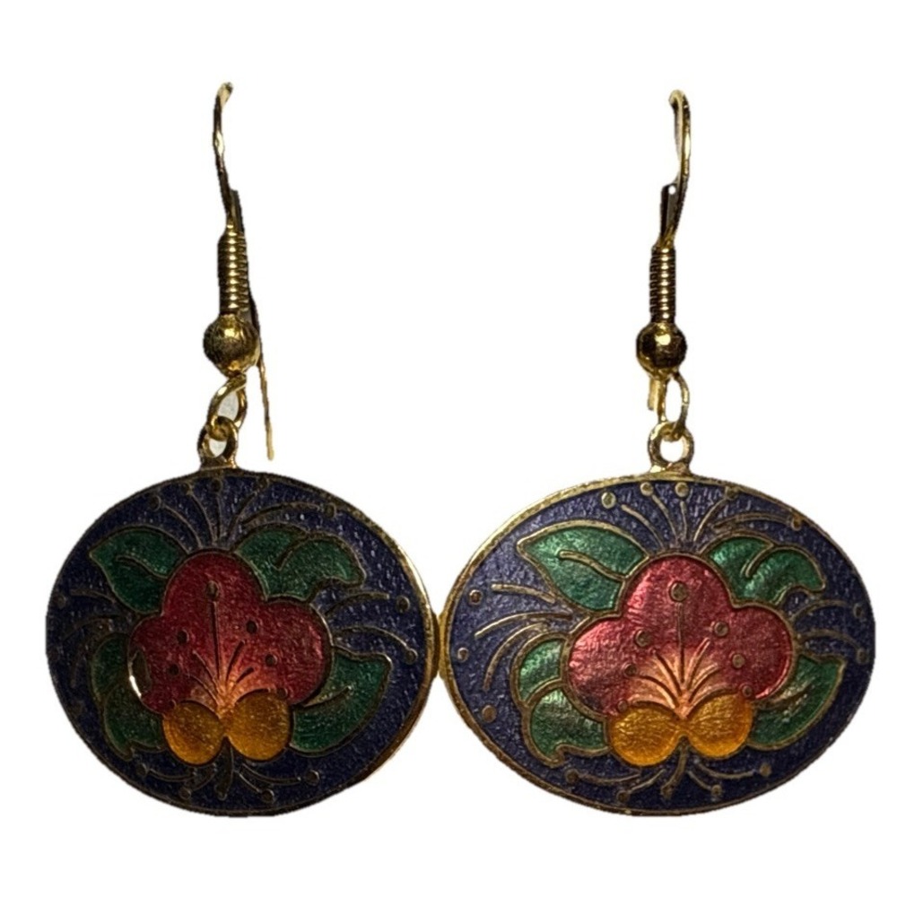 Vintage Cloisonné Sideways Oval‎ Dangling Earrings J18-33